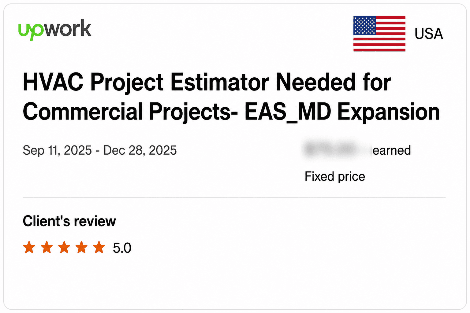 Upwork feedback record for HVAC project estimates